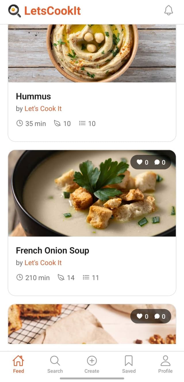 LetsCookIt recipe feed on Android
