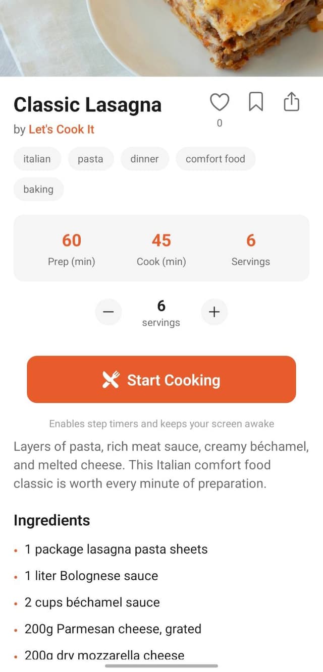 LetsCookIt recipe detail with scaling and timers